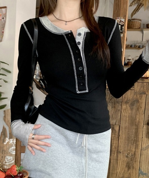 Miniministore(ミニミニストア)の「配色ヘンリーシャツハーフボタンカットソー(Tシャツ/カットソー・レディース・ブラック/ネイビー/ブラウン/グレー・FREE)」の7枚目の写真