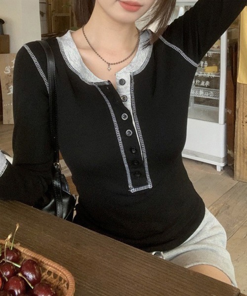 Miniministore(ミニミニストア)の「配色ヘンリーシャツハーフボタンカットソー(Tシャツ/カットソー・レディース・ブラック/ネイビー/ブラウン/グレー・FREE)」の8枚目の写真