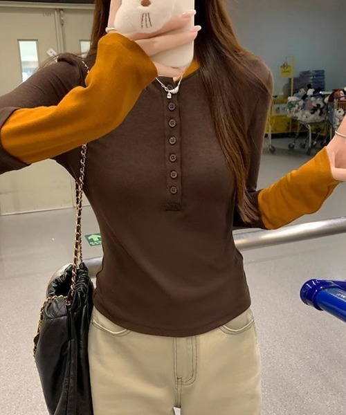 Miniministore(ミニミニストア)の「配色ヘンリーシャツハーフボタンカットソー(Tシャツ/カットソー・レディース・ブラック/ネイビー/ブラウン/グレー・FREE)」の9枚目の写真