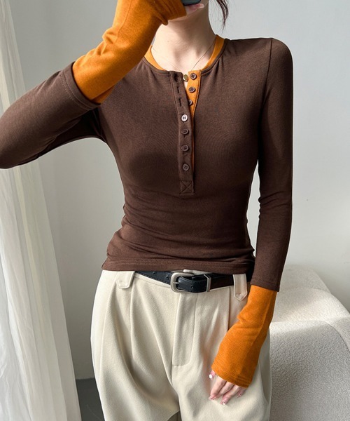 Miniministore(ミニミニストア)の「配色ヘンリーシャツハーフボタンカットソー(Tシャツ/カットソー・レディース・ブラック/ネイビー/ブラウン/グレー・FREE)」の17枚目の写真
