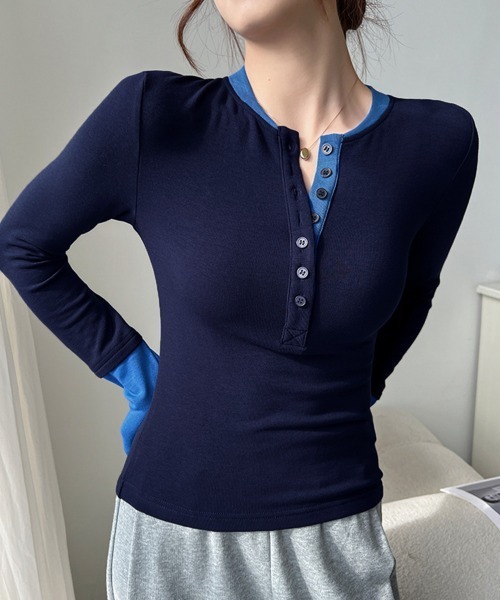 Miniministore(ミニミニストア)の「配色ヘンリーシャツハーフボタンカットソー(Tシャツ/カットソー・レディース・ブラック/ネイビー/ブラウン/グレー・FREE)」の18枚目の写真