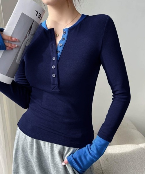 Miniministore(ミニミニストア)の「配色ヘンリーシャツハーフボタンカットソー(Tシャツ/カットソー・レディース・ブラック/ネイビー/ブラウン/グレー・FREE)」の19枚目の写真