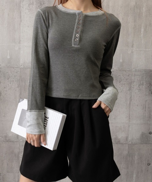 Miniministore(ミニミニストア)の「配色ヘンリーシャツハーフボタンカットソー(Tシャツ/カットソー・レディース・ブラック/ネイビー/ブラウン/グレー・FREE)」の21枚目の写真