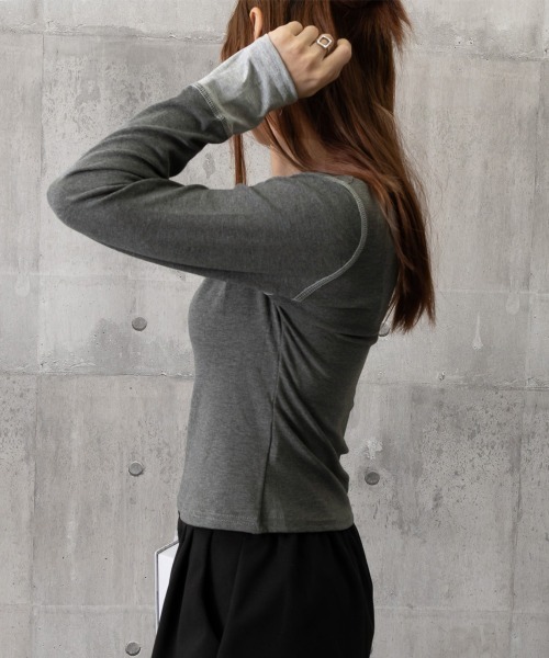 Miniministore(ミニミニストア)の「配色ヘンリーシャツハーフボタンカットソー(Tシャツ/カットソー・レディース・ブラック/ネイビー/ブラウン/グレー・FREE)」の11枚目の写真