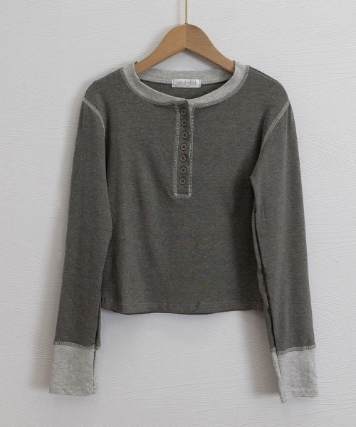 Miniministore(ミニミニストア)の「配色ヘンリーシャツハーフボタンカットソー(Tシャツ/カットソー・レディース・ブラック/ネイビー/ブラウン/グレー・FREE)」の14枚目の写真