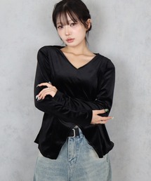 RiNc（リンク）の「【 BARELY BLUE / ベアリーブルー 】 ベルベット タッチ カットライン Vネック カットソー（Tシャツ/カットソー）」