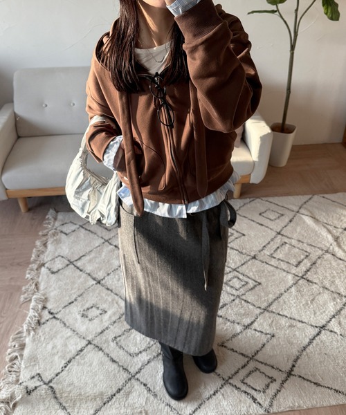 MUHET(ミュエータ)の「detachable shirt layered zip hoodie / レイヤード風シャツドッキングジップパーカー(パーカー・レディース・ネイビー/杢グレー/ブラウン・FREE)」の21枚目の写真