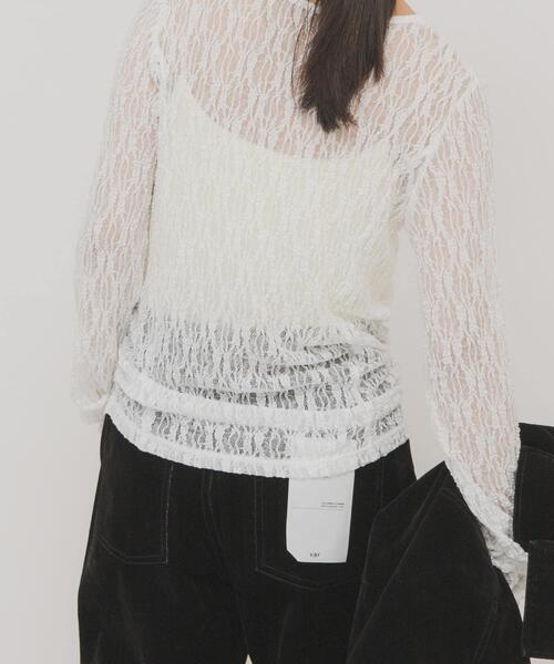 KBF（ケイビーエフ）の「ドッキングレースTEE（Tシャツ/カットソー・レディース・ダークブラウン/アイボリー/オフホワイト・ONE）」の6枚目の写真