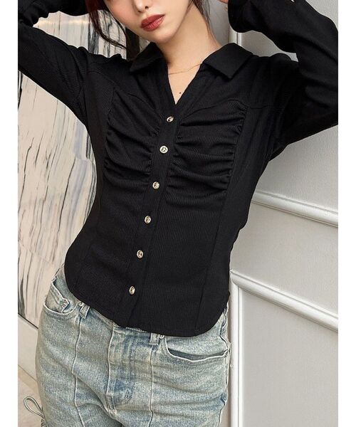 RESEXXY（リゼクシー）の「フロントギャザーリブトップス（Tシャツ/カットソー・レディース・ブラック/ブルー/ホワイト・FREE）」の3枚目の写真