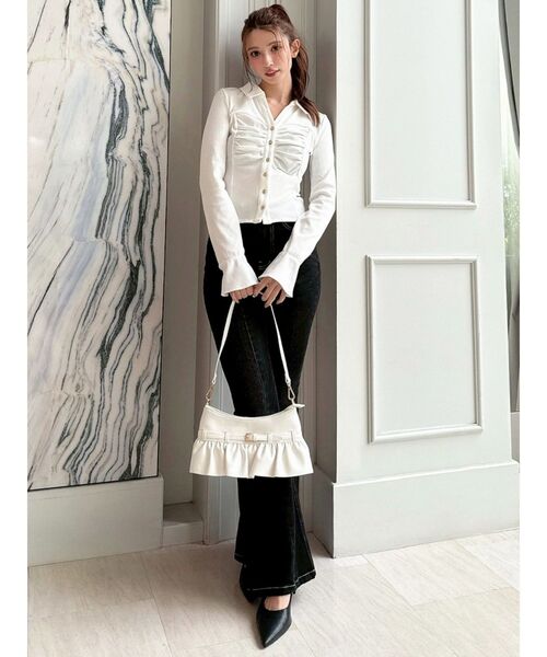 RESEXXY（リゼクシー）の「フロントギャザーリブトップス（Tシャツ/カットソー・レディース・ブラック/ブルー/ホワイト・FREE）」の6枚目の写真