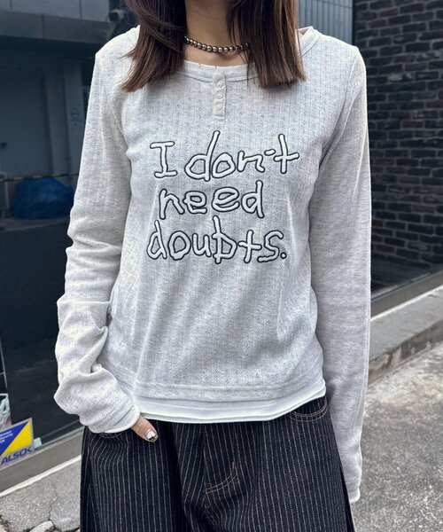 CIAOPANIC（チャオパニック）の「手書きロゴアイレットヘンリーレイヤードトップス（Tシャツ/カットソー・レディース・グレー/ホワイト/サックスブルー・ONE SIZE）」の12枚目の写真