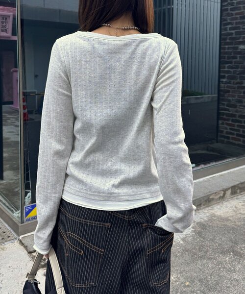 CIAOPANIC（チャオパニック）の「手書きロゴアイレットヘンリーレイヤードトップス（Tシャツ/カットソー・レディース・グレー/ホワイト/サックスブルー・ONE SIZE）」の14枚目の写真