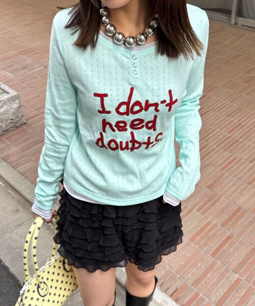 CIAOPANIC（チャオパニック）の「手書きロゴアイレットヘンリーレイヤードトップス（Tシャツ/カットソー・レディース・グレー/ホワイト/サックスブルー・ONE SIZE）」の20枚目の写真