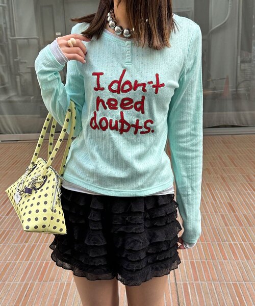 CIAOPANIC（チャオパニック）の「手書きロゴアイレットヘンリーレイヤードトップス（Tシャツ/カットソー・レディース・グレー/ホワイト/サックスブルー・ONE SIZE）」の21枚目の写真