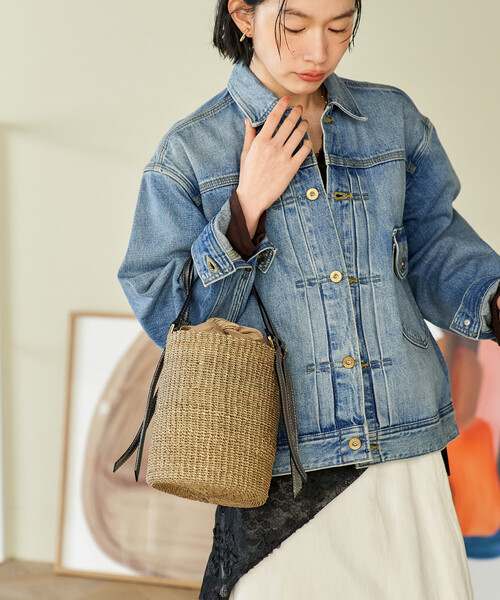 FREAK'S STORE（フリークスストア）の「VIOLAd’ORO/ヴィオラドーロ ファインアバカ バケツ型ショルダーバッグ/レザー切替 かごバッグ（かごバッグ・レディース・ナチュラル/ブラウン・ONE SIZE）」の2枚目の写真