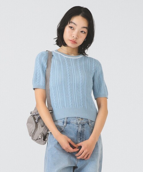 Ray BEAMS（レイビームス）の「ケーブル ハーフスリーブ クルーネック（ニット/セーター・レディース・オフホワイト/サックスブルー/ライトグレー・ONE SIZE）」の3枚目の写真