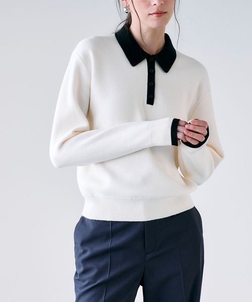N.O.R.C(ノーク)の「【ZOZO限定】ファンクションイージーポロニット(ニット/セーター・レディース・ホワイト×ブラック/グレー×サックスブルー・フリー)」の1枚目の写真