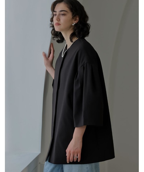 Re:EDIT（リエディ）の「[2026S/S COLLECTION][MEISM by Re:EDIT]バレルスリーブノーカラーミドルジャケットコート（ノーカラージャケット・レディース・ブラック・LARGE/MEDIUM）」の16枚目の写真