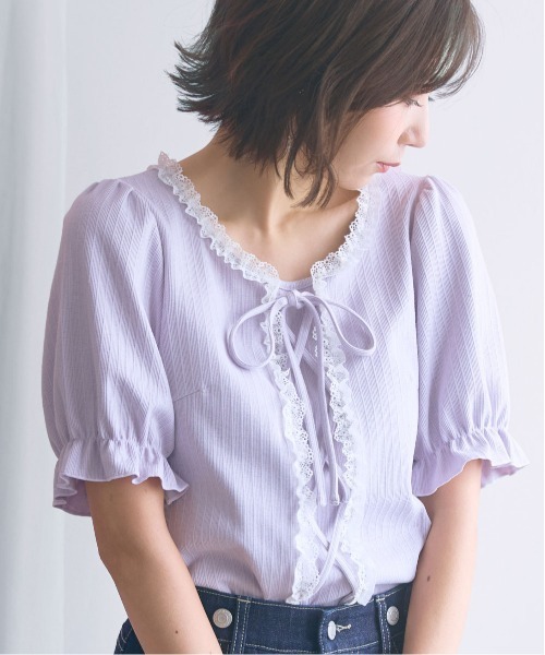 marun(マルン)の「<大きいサイズ>編み上げデザインカットソー marun(Tシャツ/カットソー・レディース・ラベンダー/オフホワイト/ネイビー・3L/LL/5L/4L/L)」の3枚目の写真
