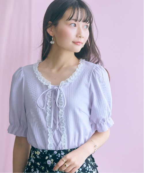 marun(マルン)の「<大きいサイズ>編み上げデザインカットソー marun(Tシャツ/カットソー・レディース・ラベンダー/オフホワイト/ネイビー・3L/LL/5L/4L/L)」の7枚目の写真