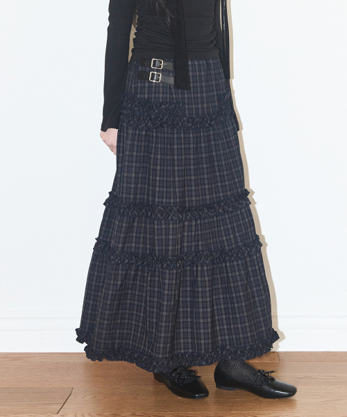 ILLIGO(イリゴ)の「バックルフリルロングスカートチェックネイビー(スカート・レディース・その他・OS)」の2枚目の写真