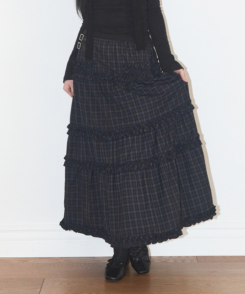 ILLIGO(イリゴ)の「バックルフリルロングスカートチェックネイビー(スカート・レディース・その他・OS)」の3枚目の写真