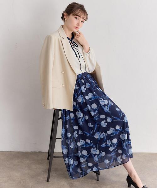 couture brooch（クチュールブローチ）の「【洗える】チューリップ柄スカート（スカート・レディース・ネイビー/オフホワイト・36/42/40/38）」の5枚目の写真