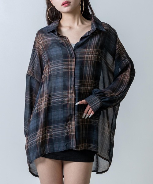 ANAP（アナップ）の「チェック シアー シャツ ブラウス（シャツ/ブラウス・レディース・ブラック/ブルー/ホワイト/ブラウン・F）」の4枚目の写真