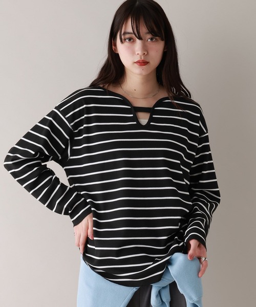 RAGEBLUE(レイジブルー)の「前後2WAY/ワッフルボーダープルオーバー(Tシャツ/カットソー・レディース・ホワイト/ブラック・FREE)」の9枚目の写真