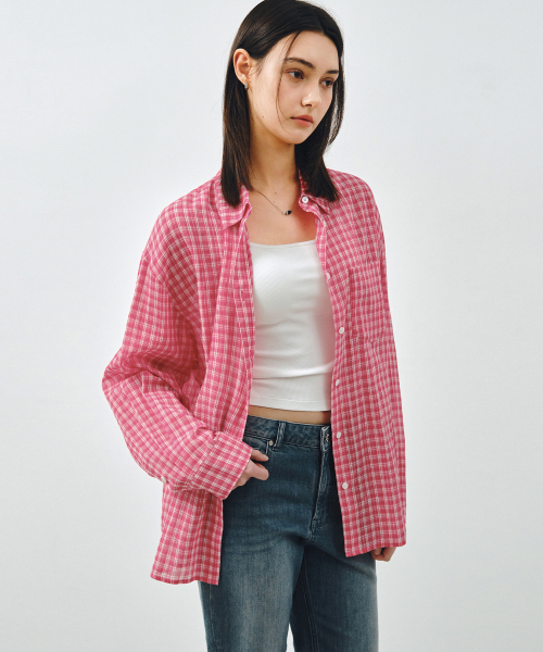 MONGDOL(モンドル)の「チェックシアサッカーオーバーサイズシャツレッドMDSH019CHECKRED(シャツ/ブラウス・レディース・その他・F)」の1枚目の写真