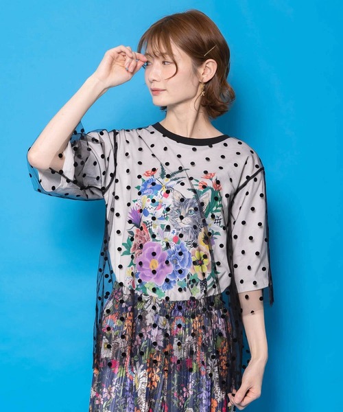 ScoLar（スカラー）の「ScoLar(スカラー) ドットチュール重ね花ネコ柄Tシャツ（Tシャツ/カットソー・レディース・オフホワイト/ブラック/パープル・MEDIUM）」の10枚目の写真