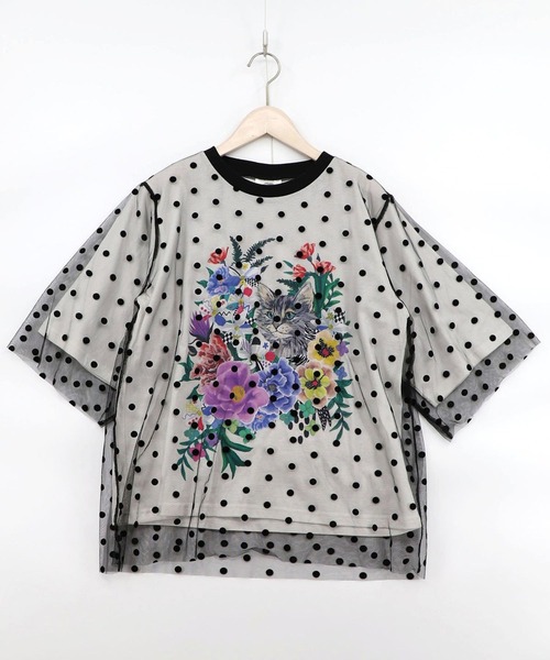 ScoLar（スカラー）の「ScoLar(スカラー) ドットチュール重ね花ネコ柄Tシャツ（Tシャツ/カットソー・レディース・オフホワイト/ブラック/パープル・MEDIUM）」の7枚目の写真
