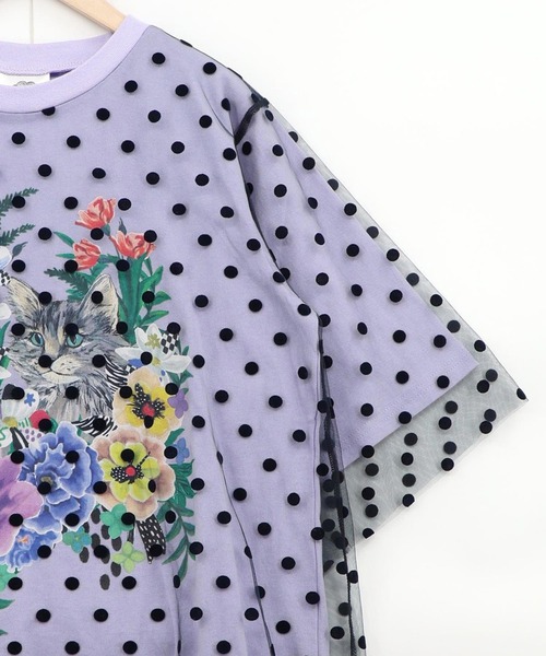 ScoLar（スカラー）の「ScoLar(スカラー) ドットチュール重ね花ネコ柄Tシャツ（Tシャツ/カットソー・レディース・オフホワイト/ブラック/パープル・MEDIUM）」の18枚目の写真