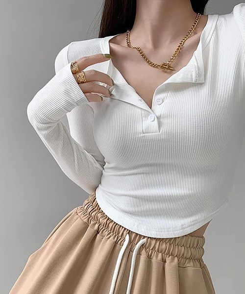 Girly Doll(ガーリードール)の「ヘンリーネックショート丈トップス(Tシャツ/カットソー・レディース・ホワイト/ブラック/グレー・S/M)」の4枚目の写真