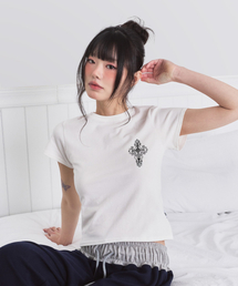 スモールヴィンテージクロスプリントスリムフィット半袖Tシャツアイボリー
