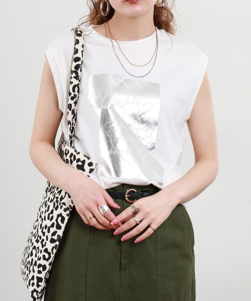 A.N.L（エーエヌエル　レーベル）の「A.N.L 箔プリントノースリーブカットソー（Tシャツ/カットソー・レディース・オフホワイト/ブラック/モカ・38）」の14枚目の写真