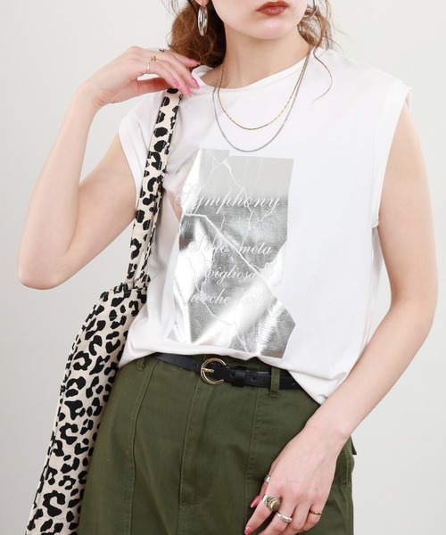 A.N.L（エーエヌエル　レーベル）の「A.N.L 箔プリントノースリーブカットソー（Tシャツ/カットソー・レディース・オフホワイト/ブラック/モカ・38）」の17枚目の写真