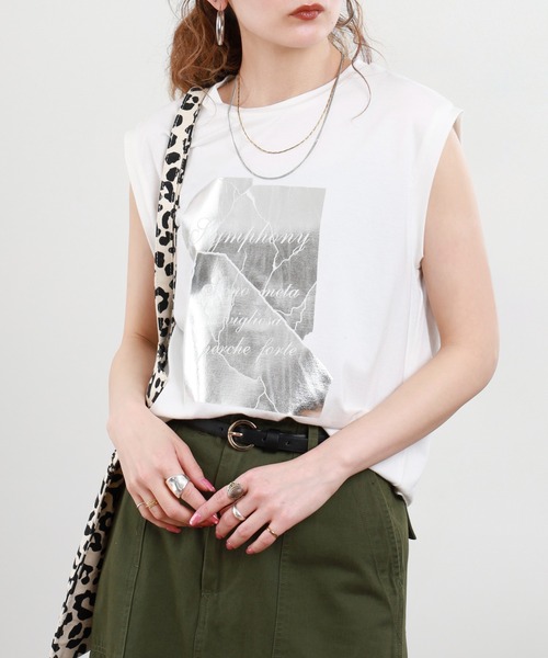 A.N.L（エーエヌエル　レーベル）の「A.N.L 箔プリントノースリーブカットソー（Tシャツ/カットソー・レディース・オフホワイト/ブラック/モカ・38）」の18枚目の写真