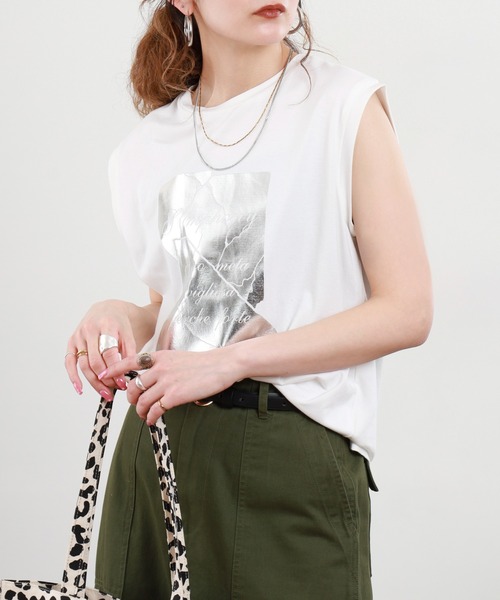 A.N.L（エーエヌエル　レーベル）の「A.N.L 箔プリントノースリーブカットソー（Tシャツ/カットソー・レディース・オフホワイト/ブラック/モカ・38）」の16枚目の写真