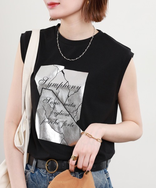 A.N.L（エーエヌエル　レーベル）の「A.N.L 箔プリントノースリーブカットソー（Tシャツ/カットソー・レディース・オフホワイト/ブラック/モカ・38）」の21枚目の写真