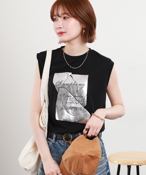 A.N.L（エーエヌエル　レーベル）の「A.N.L 箔プリントノースリーブカットソー（Tシャツ/カットソー・レディース・オフホワイト/ブラック/モカ・38）」の22枚目の写真