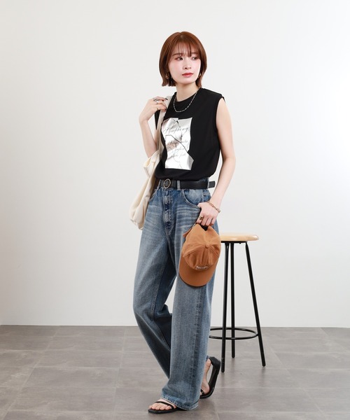 A.N.L（エーエヌエル　レーベル）の「A.N.L 箔プリントノースリーブカットソー（Tシャツ/カットソー・レディース・オフホワイト/ブラック/モカ・38）」の6枚目の写真