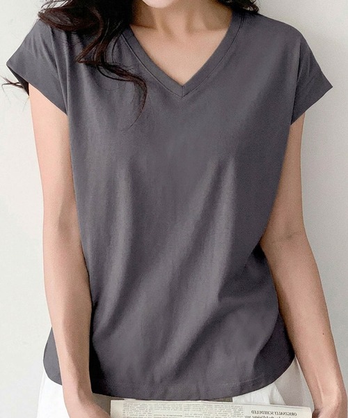 LOWO(ロワ)の「抜群の伸縮性!Vネックフレンチスリーブカットソー(Tシャツ/カットソー・レディース・ホワイト/モカ/ベージュ/グレー/ブラック・FREE)」の4枚目の写真