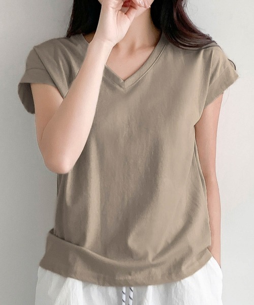 LOWO(ロワ)の「抜群の伸縮性!Vネックフレンチスリーブカットソー(Tシャツ/カットソー・レディース・ホワイト/モカ/ベージュ/グレー/ブラック・FREE)」の5枚目の写真