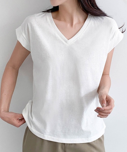 LOWO(ロワ)の「抜群の伸縮性!Vネックフレンチスリーブカットソー(Tシャツ/カットソー・レディース・ホワイト/モカ/ベージュ/グレー/ブラック・FREE)」の7枚目の写真