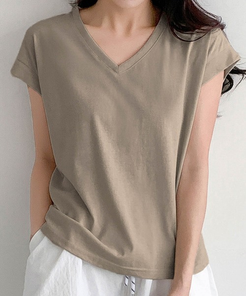 LOWO(ロワ)の「抜群の伸縮性!Vネックフレンチスリーブカットソー(Tシャツ/カットソー・レディース・ホワイト/モカ/ベージュ/グレー/ブラック・FREE)」の10枚目の写真