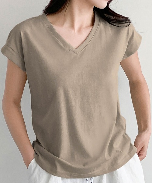 LOWO(ロワ)の「抜群の伸縮性!Vネックフレンチスリーブカットソー(Tシャツ/カットソー・レディース・ホワイト/モカ/ベージュ/グレー/ブラック・FREE)」の11枚目の写真