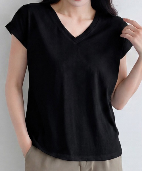 LOWO(ロワ)の「抜群の伸縮性!Vネックフレンチスリーブカットソー(Tシャツ/カットソー・レディース・ホワイト/モカ/ベージュ/グレー/ブラック・FREE)」の12枚目の写真