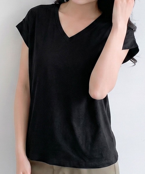 LOWO(ロワ)の「抜群の伸縮性!Vネックフレンチスリーブカットソー(Tシャツ/カットソー・レディース・ホワイト/モカ/ベージュ/グレー/ブラック・FREE)」の13枚目の写真