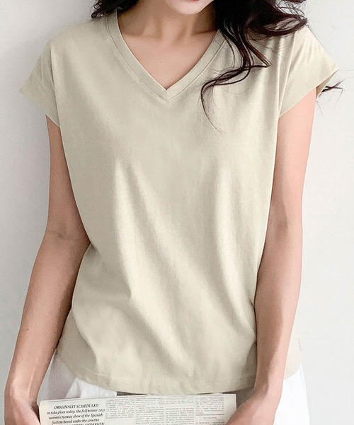 LOWO(ロワ)の「抜群の伸縮性!Vネックフレンチスリーブカットソー(Tシャツ/カットソー・レディース・ホワイト/モカ/ベージュ/グレー/ブラック・FREE)」の14枚目の写真